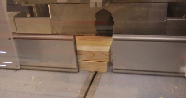 Moderne Werkzeugmaschine schneidet Holzbalken, industrielle Innenausstattung, Möbelfabrik, Möbelproduktion, Nahaufnahme — Stockvideo