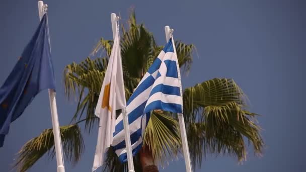 Barevné vlajky, vlnící se proti modré obloze, mnoho příznaků houpat se ve větru — Stock video
