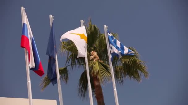 Барвисті прапори, що пливуть на блакитне небо, багато прапорів пливуть на вітрі — стокове відео
