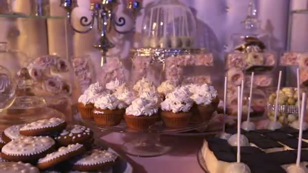 Bar de doces no restaurante, festa infantil, um urso de pelúcia branco com uma borboleta no pescoço, vela acesa, ursinho de pelúcia em uma mesa Bar de doces, close-up, design de barra de doces, design Bar de doces — Vídeo de Stock