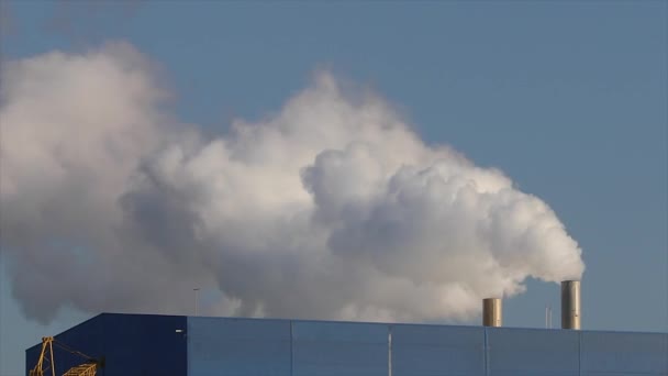 Дым из трубы на крыше завода или завода, крыша производственного помещения с трубой, белый густой дым выходит из трубы — стоковое видео