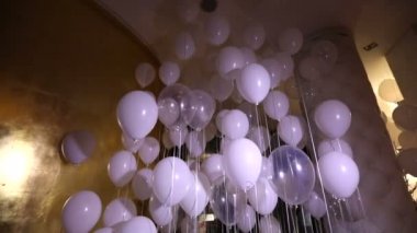 Oyuncak ayılar bir satır, beyaz oyuncak ayılar, helyum balonları, şirin ayıcık onun boyun, yumuşak oyuncak, iç salonları bir kelebeği ile çocuk doğum günü, bir hediye, bir oda, kapalı, oyuncak ayı oturuyor