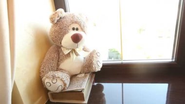 Oyuncak ayı bir pencere, şirin ayıcık yanında belgili tanımlık pencere, boynunu, açık kahverengi, çocuk yumuşak oyuncak, oyuncak ayı bir kelebeği boynunda bir kelebek ile ile oturur