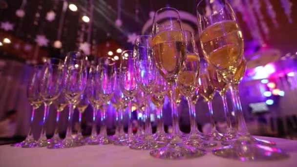 Окуляри з шампанським на столі в ресторані, келихи шампанського на святковому столі, чисті келихи на столі, приготовані барменом для шампанського та вина — стокове відео
