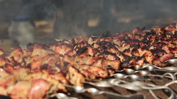 Geroosterde kebabs op de grill, barbecue, barbecue veel voorbereiding smakelijke vlees barbecue op spiesjes in zonnige dag, roosteren — Stockvideo