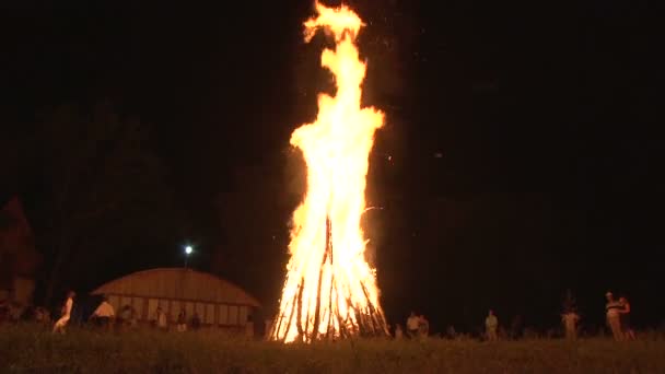 Большая ночь костер горит на поляне в лесу — стоковое видео