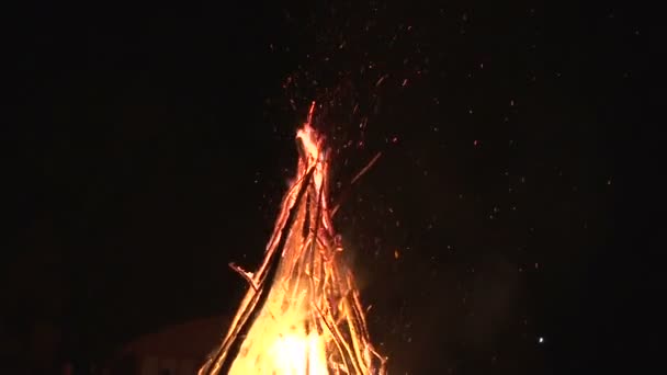 Fuoco notturno scintille che volano nel buio cielo notturno, grande falò notturno in una radura nella foresta — Video Stock