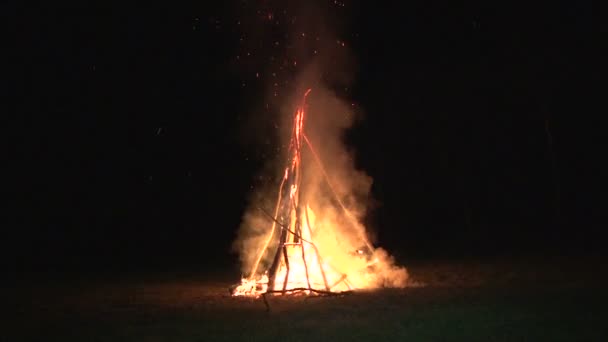 Chispas de fuego nocturno volando en el oscuro cielo nocturno, gran hoguera nocturna en un claro en el bosque — Vídeos de Stock