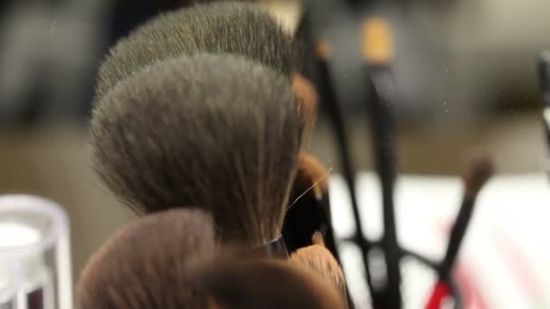 Brush set for make-up on the table, Makeup brush on wooden table, Shallow depth of field — Stock Video