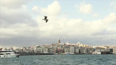 Galata Kulesi, ön planda turistler ve martılarla dolu eğlence tekneleri. Galata Kulesi 'nin arka planında tekneler, rüzgarlı hava