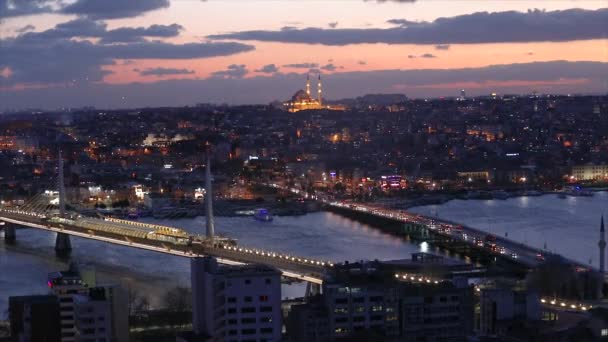 Istanbul nacht brede hoek uitzicht — Stockvideo