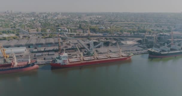 用货轮飞越港口.飞越港口起重机和大型货船一个大型海港的总体规划 — 图库视频影像