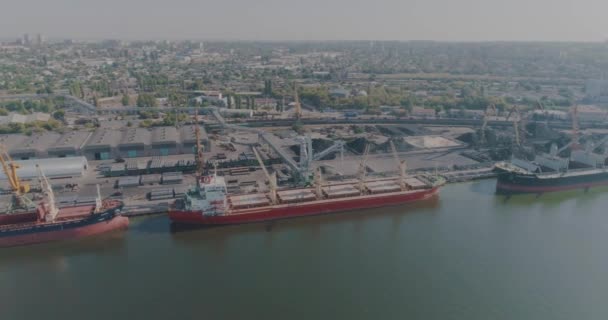 Vuelo sobre el puerto con barcos de carga. Vuelo sobre grúas portuarias y grandes buques de cargaEl plan general de un gran puerto marítimo — Vídeo de stock