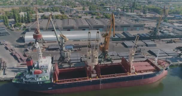 Verladung eines Frachtschiffes, allgemeiner Plan für den Betrieb eines Krans im Hafen — Stockvideo