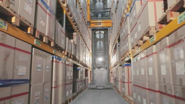 Carrello elevatore moderno in un magazzino di fabbrica, lavoro in un magazzino — Video Stock