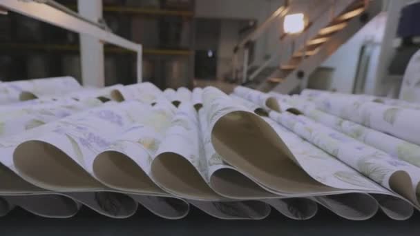 Wallpaper productie, behang productieproces. Beweging van behang op de transportband. Industrieel interieur. — Stockvideo