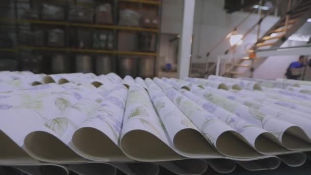 Produção de papel de parede, processo de produção de papel de parede. Movimento de papel de parede na linha de transporte. Interior industrial. — Vídeo de Stock