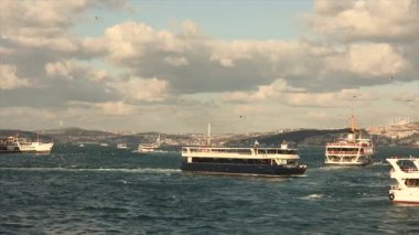 Boğazdaki turist tekneleri. Turist gemisi, martılar geminin yakınında uçuyor. Birçok turist teknesi