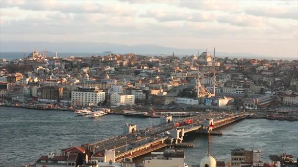 Vista del puente de Galata y mezquitas al atardecer. Muchas gaviotas están volando, barcos turísticos están flotando. Estambul, Turquía. abril 10, 2019 — Vídeos de Stock