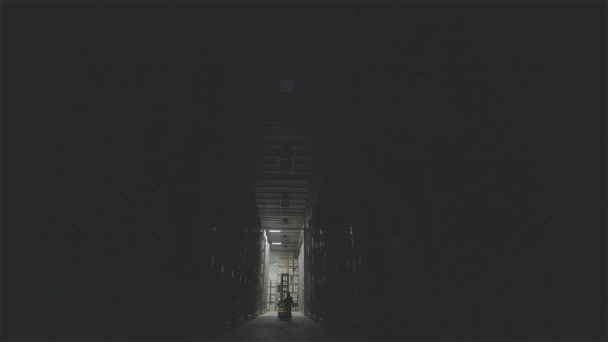 Das Licht in der Fabrik einschalten, die Lampen im Lager einschalten, der Arbeiter geht durch das Lager — Stockvideo