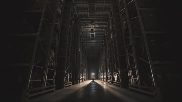 労働者は倉庫を通って工場の朝だ。工場での一日の始まり、倉庫内の光の包含、近代的な倉庫. — ストック動画