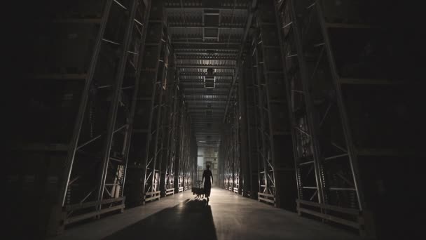 Pekerja berjalan melalui gudang, Pagi di pabrik. Permulaan hari di pabrik, masuknya cahaya di gudang, sebuah gudang modern. — Stok Video