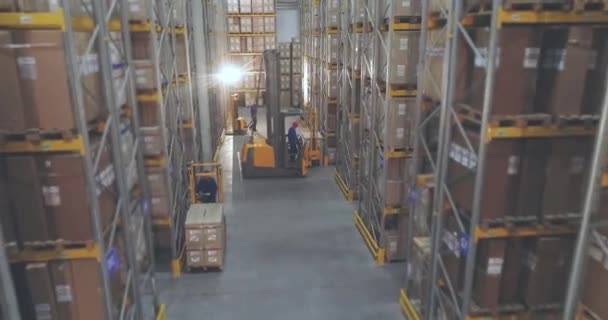 Lagerutrustning på jobbet, arbetare i ett stort lager. Stort arbetsflöde i lager — Stockvideo
