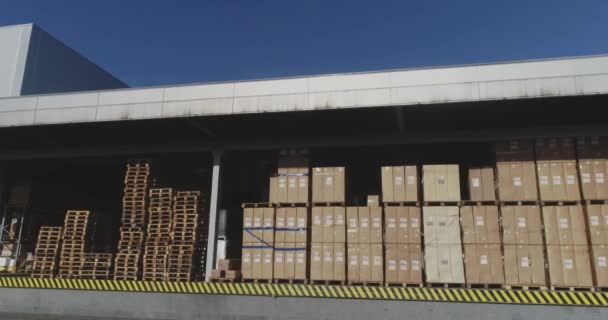 As mercadorias aguardam embarque para o comprador, um armazém moderno com produtos acabados em caixas — Vídeo de Stock