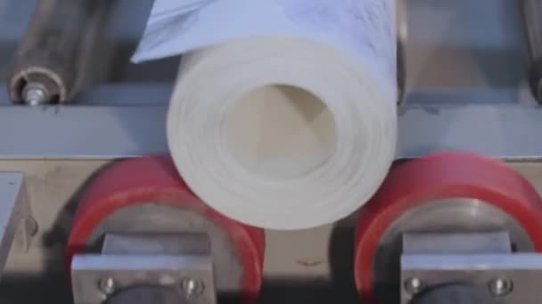Rollo de papel pintado. Línea transportadora en la fábrica de papel pintado. Un rollo de papel pintado y una línea transportadora. — Vídeos de Stock