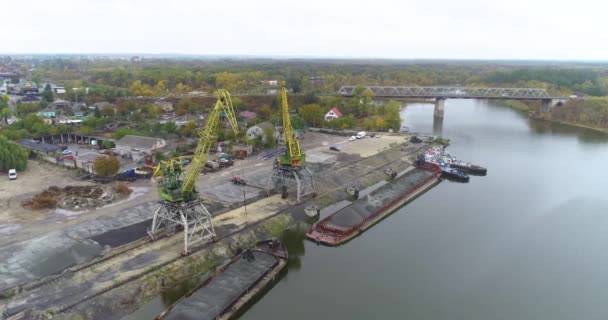 Port rzeczny z dźwigami, widok na port rzeczny z dużymi żurawiami podczas eksploatacji — Wideo stockowe