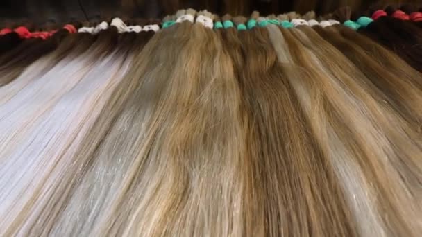 Natural female hair, beautiful female hair. Long hair extensions in the salon — Stock Video