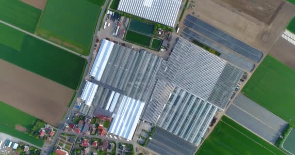 Evropské město v blízkosti skleníků, velký skleníkový komplex v blízkosti evropské vesnice, Google Maps iluze — Stock video