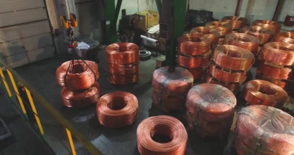 Prepare um fio de cobre, babuínos com um fio de cobre em uma fábrica, um cabo de cobre em branco — Vídeo de Stock