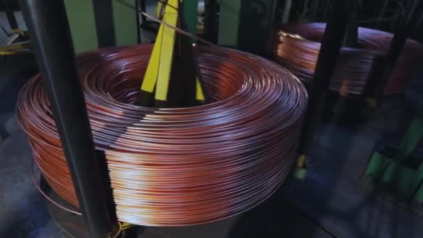 Clodeup Coils of copper cable reels wire industry. Modern cable factory. Production of cable. — Stock Video