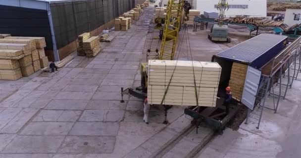 Großes modernes Sägewerk Luftaufnahme, Arbeitsmittel auf einem modernen Sägewerk. Holzlager — Stockvideo