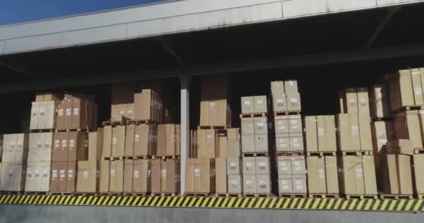 Товар ожидает отгрузки покупателю, современный склад с готовой продукцией в коробках — стоковое видео