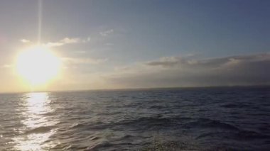 Motorlu bir tekneden büyük bir püskürtme. Bir motorlu tekne hızla denize doğru yüzer ve günbatımında büyük sıçramalar yaratır.