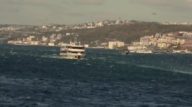 Boğaz kanalında güzel bir turist gemisi. Köprünün arka planında bir turizm gemisi var. İstanbul, Türkiye