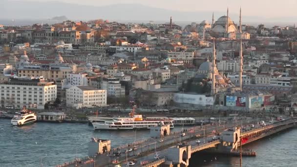 The embankment of Istanbul with a view of recreation. View of the Turkish cathedrals from the Galata tower, Turkey. April 10, 2019 — Stock Video