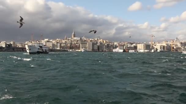 Aufnahme des Galata-Turms, im Vordergrund Ausflugsboote mit Touristen und Möwen. Vergnügungsboote im Hintergrund des Galata-Turms, windiges Wetter — Stockvideo