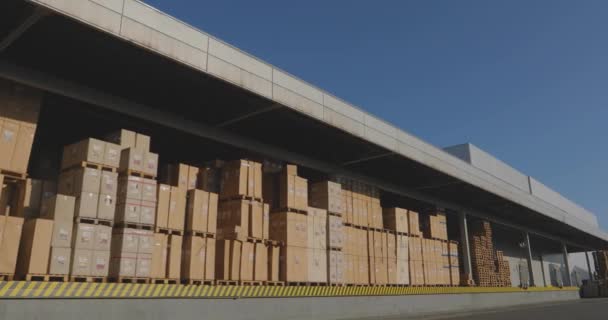 Склад на заводі, великий склад з коробками на заводі. Коробки готові для заряджання у вантажівці — стокове відео