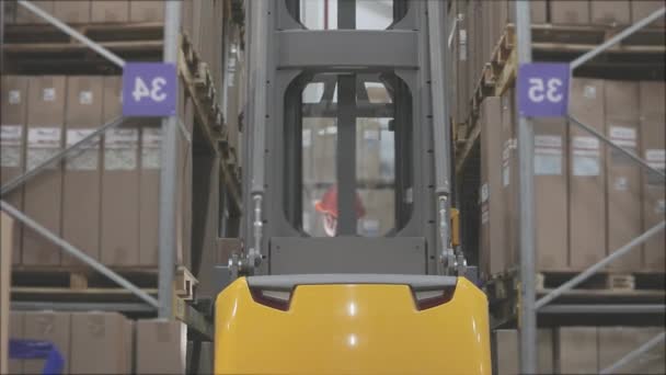 Lift teherautó egy raktárban közelről, egy férfi, aki egy modern targoncát vezet — Stock videók