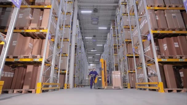 Flujo de trabajo en el timelapse del almacén, máquina grande en almacén, carretilla elevadora moderna en almacén — Vídeos de Stock