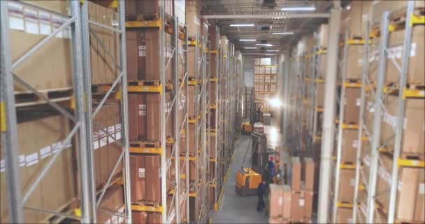 Gran almacén moderno vista panorámica. Equipo para trabajar en el almacén. Mucha gente trabaja en el almacén. — Vídeo de stock