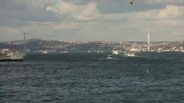 Ponte do Bósforo, em primeiro plano barcos de recreio com turistas e gaivotas. Barcos de recreio no fundo da ponte do Bósforo, tempo ventoso — Vídeo de Stock