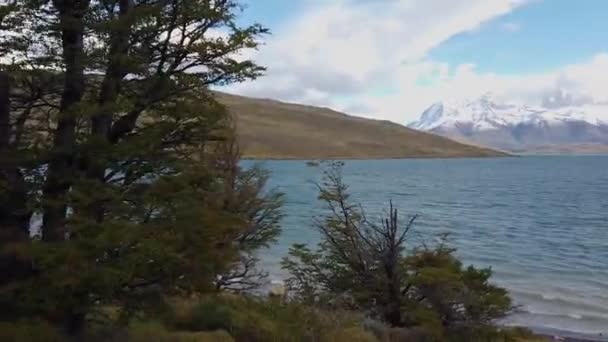 看Cerro Payne Grande山和Torres del Paine山。在巴塔哥尼亚的Cerro Paine Grande山旁边旅行. — 图库视频影像