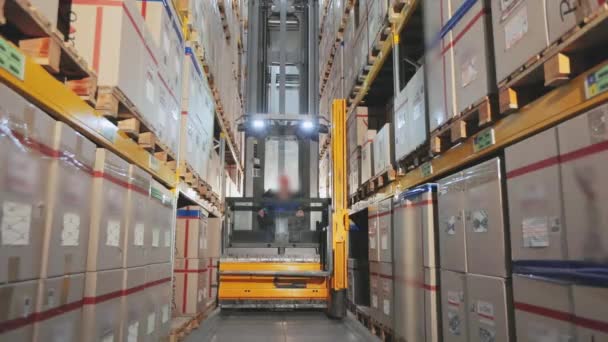 Aktif bekerja di pabrik, forklift modern besar di gudang — Stok Video