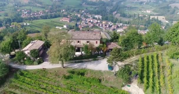 イタリアの山、背景に小さな村の上にホテル。イタリアで栽培されているブドウ。空気からイタリアの村の美しいフレーム — ストック動画