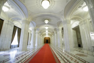 Romanya Parlamento Sarayı 'nın rehberli bir turu sırasında kapalı mekandaki ayrıntılar