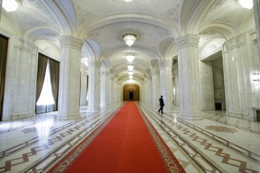 Romanya Parlamento Sarayı 'nın rehberli bir turu sırasında kapalı mekandaki ayrıntılar